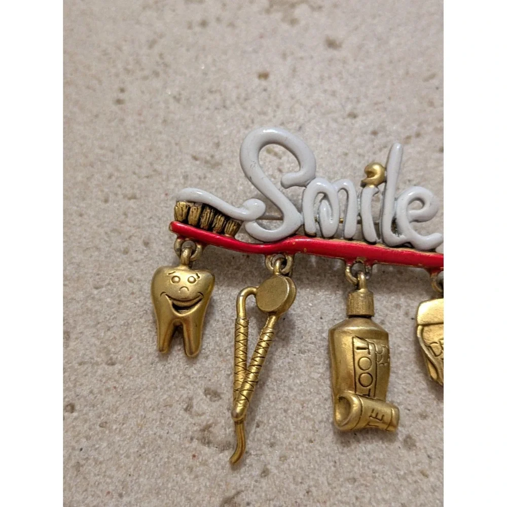 Vintage Brooch In Gold Tone Dental Hygentist Theme Toothbrush Smile Dentist